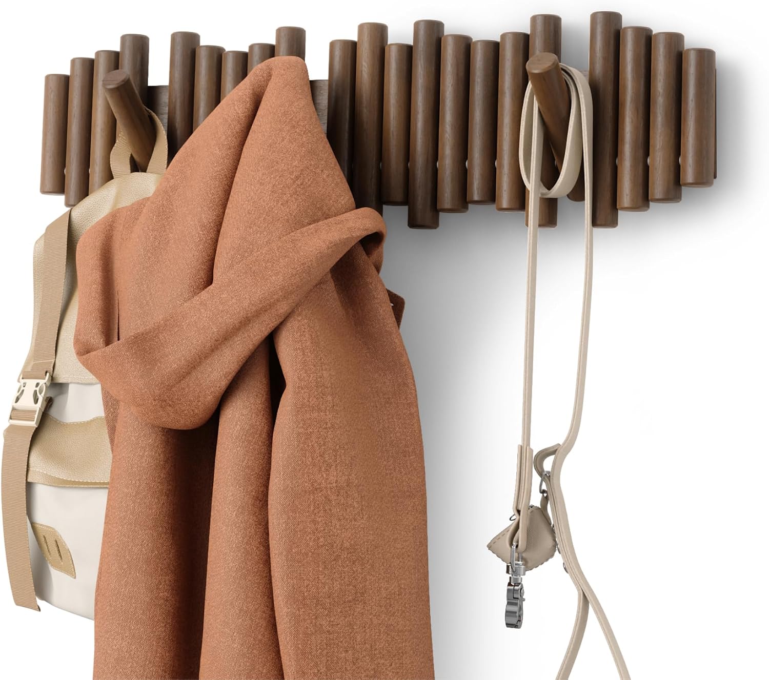 Umbra Picket Coat Rack, Wall Mount 8 Flip-Down Coat Hooks, Walnut