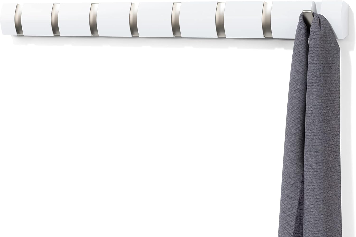 Umbra Flip Coat Rack, Wall Mount 8-Hook, Space Saving, White White/Nickel