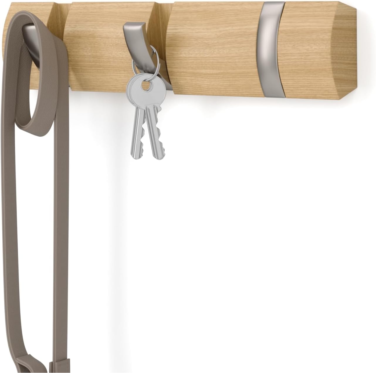 Umbra Flip Coat Rack, Wall Mount Retractable Hooks, 3-Hook, Natural/Nickel
