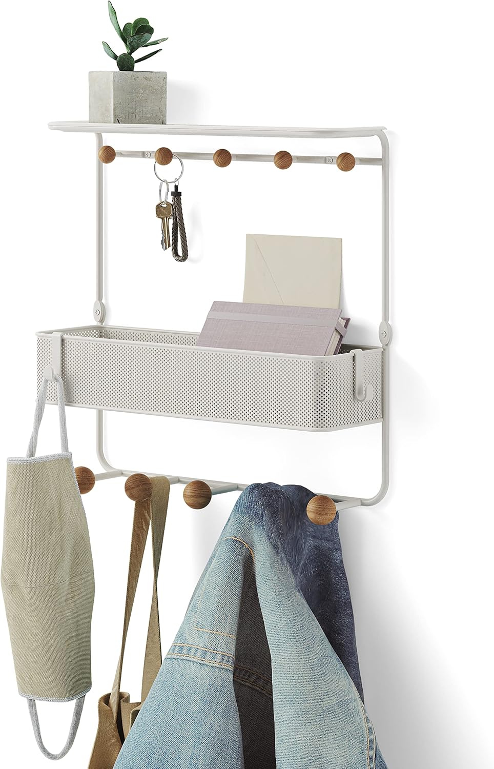 Umbra Estique Entryway Organizer Storage Solution with Cubby Bin, Shelf and Hooks for Keys, Mail, Glasses, Wallet, Purse, Hat, and More, White White/Natural