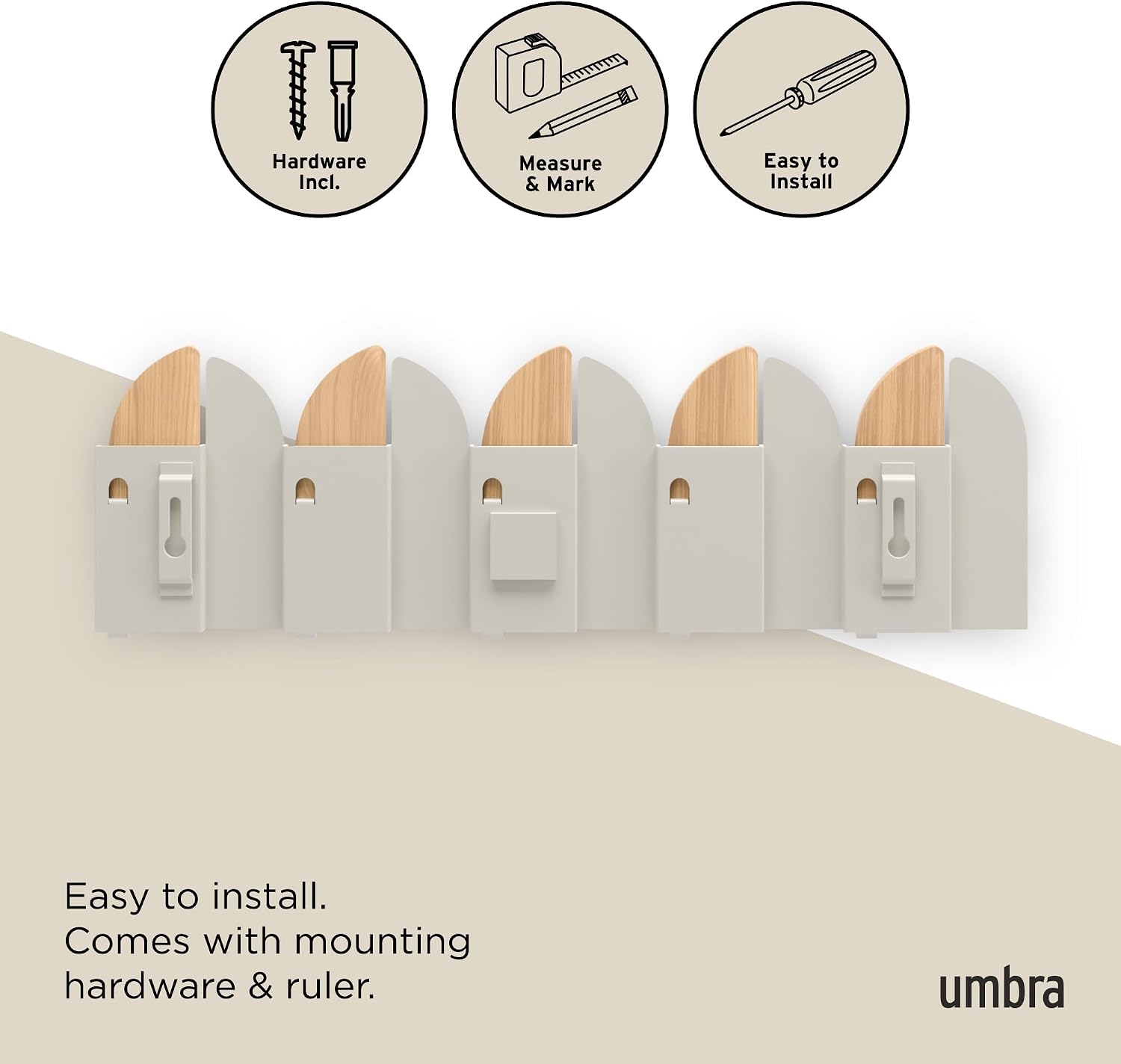 Umbra Saloon Wall Hook, Wall Mounted Coat Rack, 5 Hook, Natural
