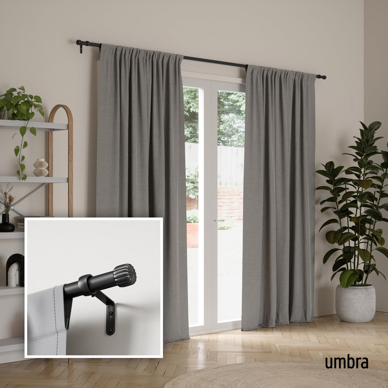 Umbra Cleo Curtain Rod, Pleated Finial, 36 to 66 Inches, Matte Black