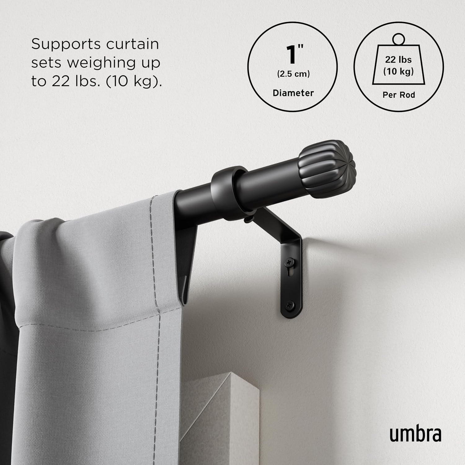 Umbra Cleo Curtain Rod, Pleated Finial, 36 to 66 Inches, Matte Black