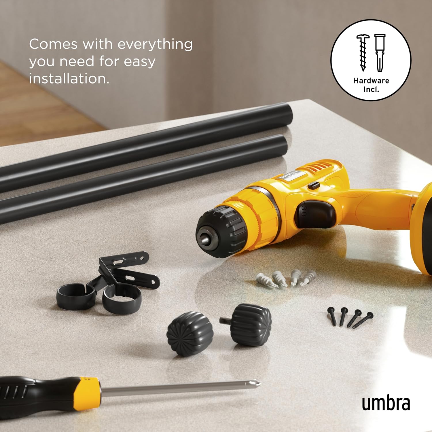 Umbra Cleo Curtain Rod, Pleated Finial, 36 to 66 Inches, Matte Black