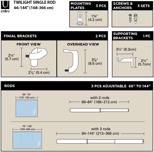 Umbra Twilight Curtain Rod, Wrap Around Blackout, 66 to 144 Inches, Nickel