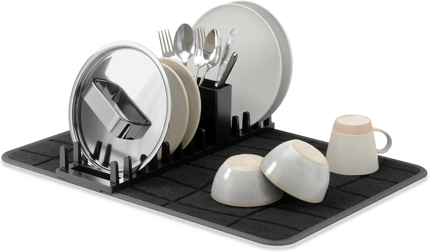 Umbra Udry Dish Drying Rack with Microfiber Mat, Foldable Drainer, Black