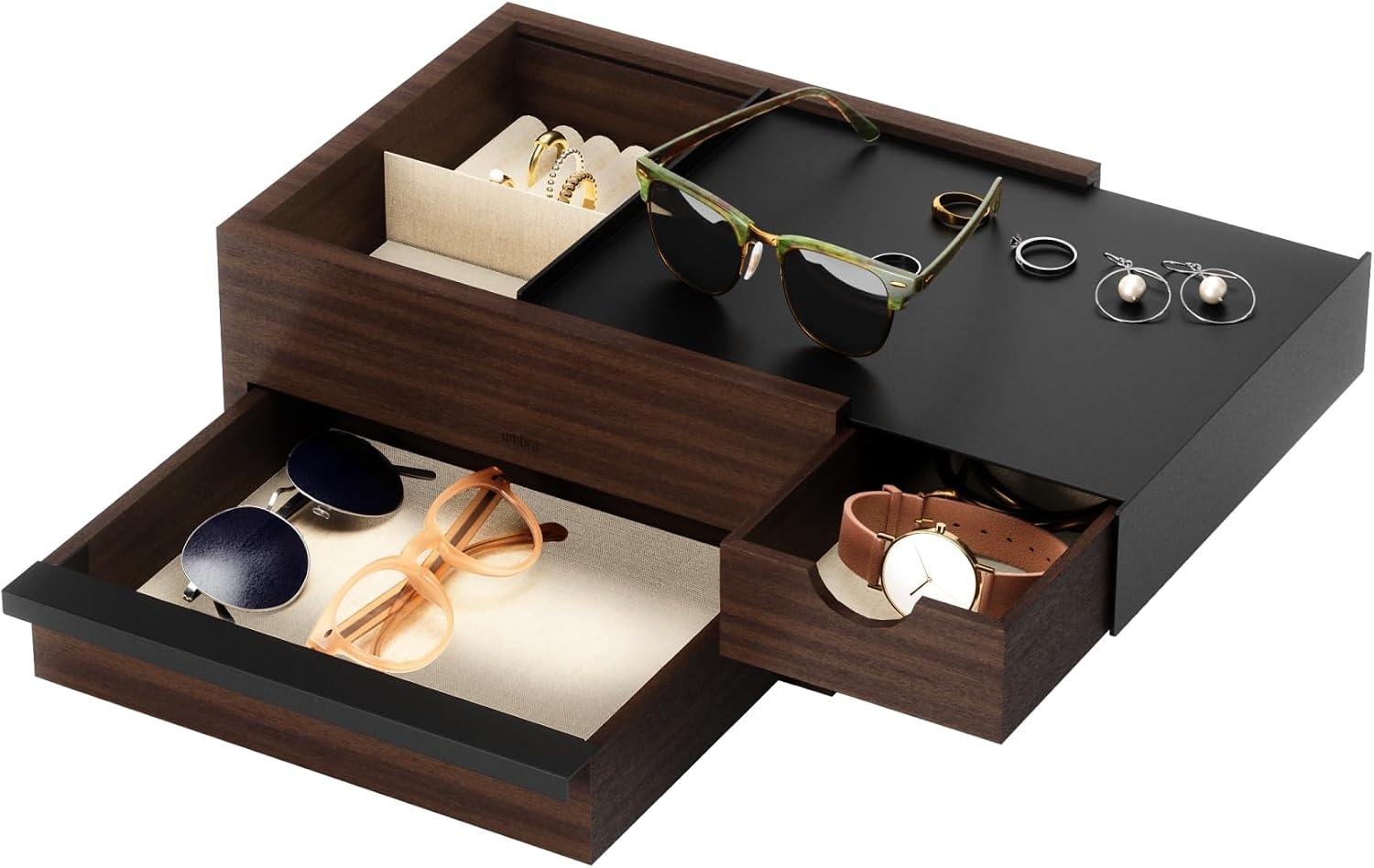 Umbra Stowit Jewelry Box, with Storage Drawers, Medium, Black/Walnut