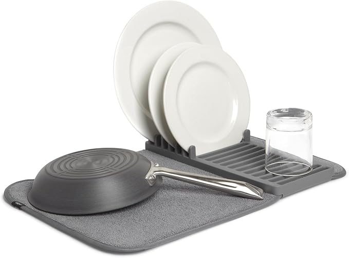 Umbra Udry Dish Drying Rack, Folding Dish Drainer Mat, Mini, Dark Grey Gray