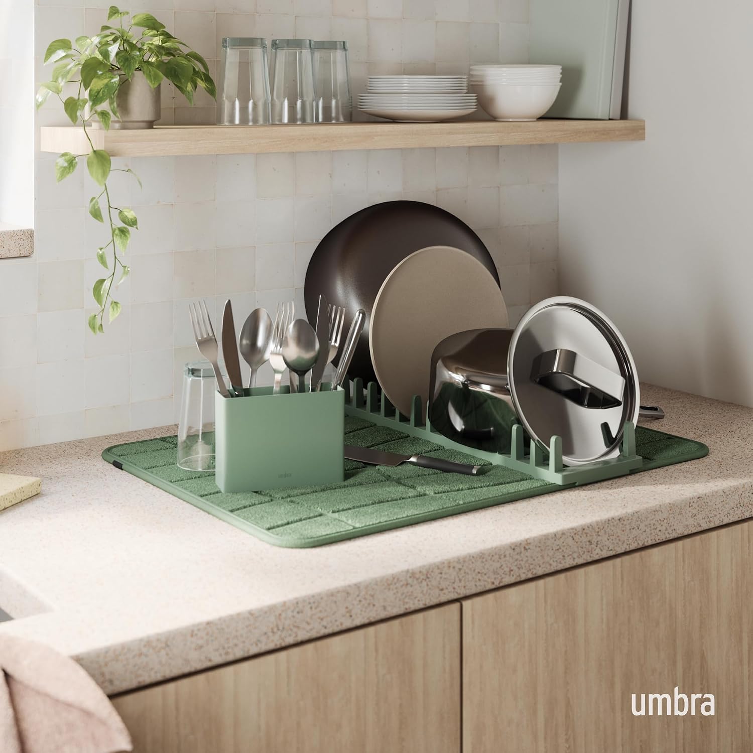 Umbra Udry Dish Drying Rack with Microfiber Mat, Foldable Drainer, Spruce