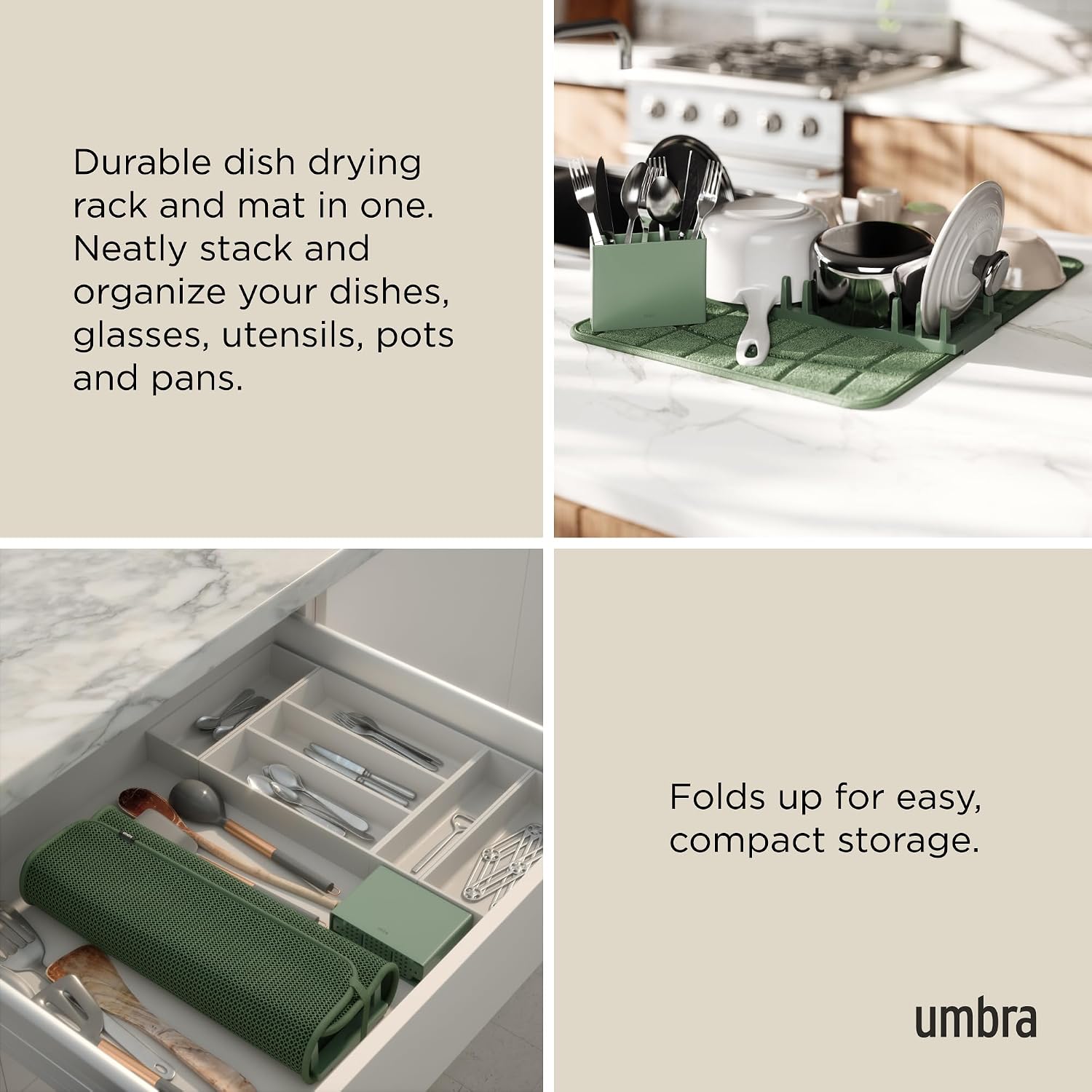 Umbra Udry Dish Drying Rack with Microfiber Mat, Foldable Drainer, Spruce