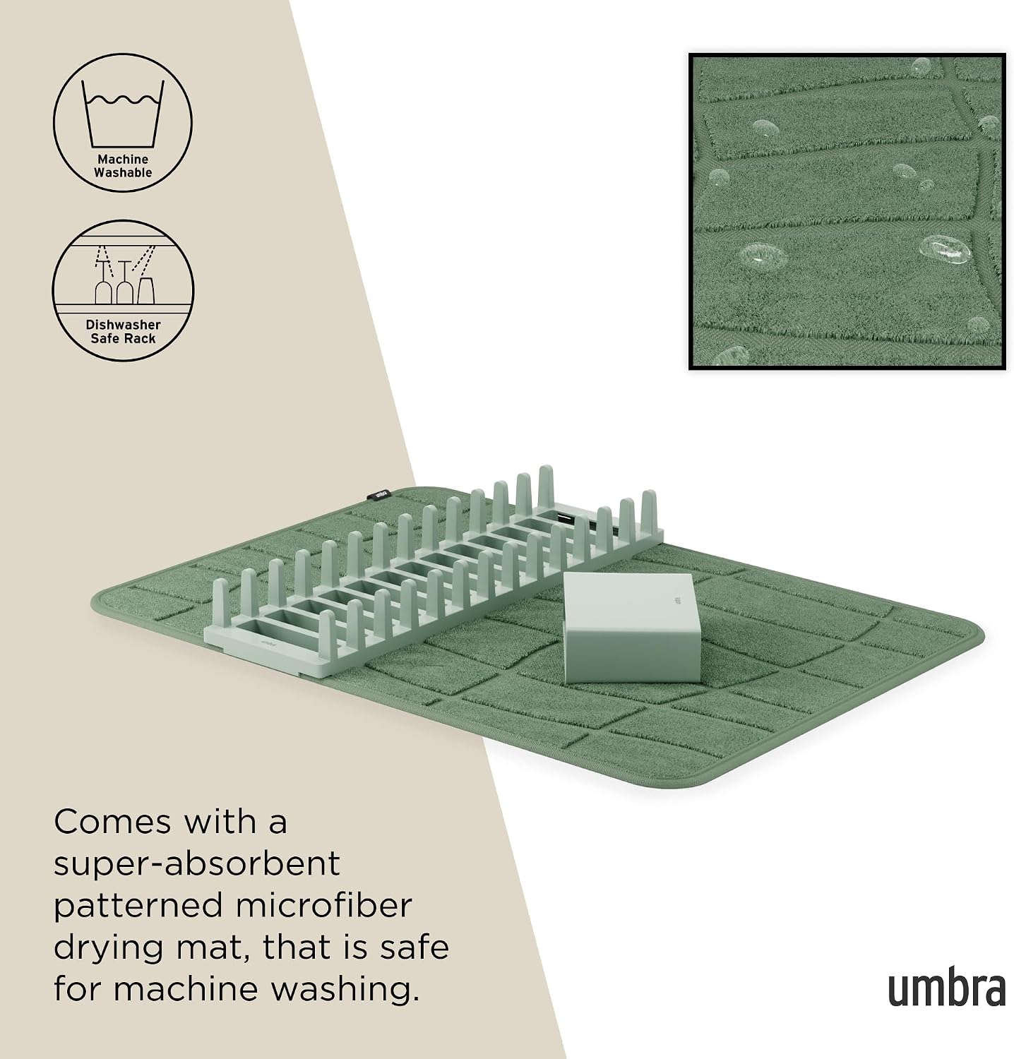 Umbra Udry Dish Drying Rack with Microfiber Mat, Foldable Drainer, Spruce