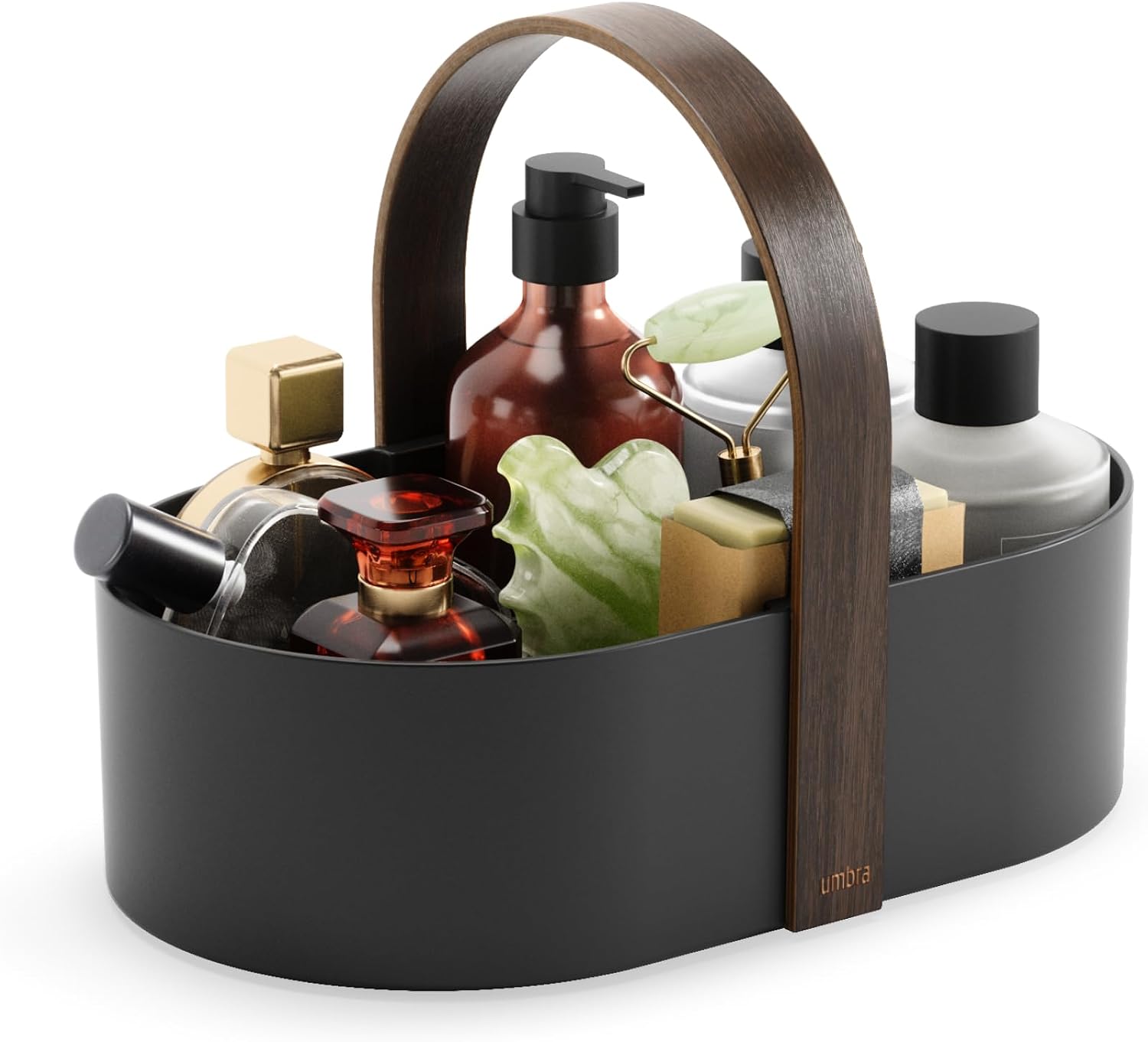 Umbra Bellwood Caddy, Wooden Handle Makeup Organizer, Small, Black/Walnut