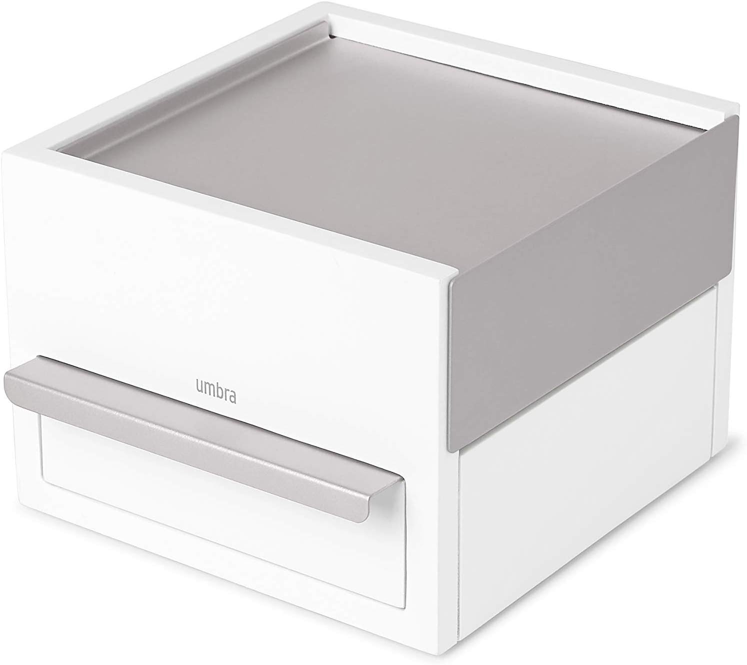 Umbra Stowit Jewelry Box - Modern Keepsake Storage Organizer with Hidden Compartment Drawers for Ring, Bracelet, Watch, Necklace, Earrings, and Accessories White/Nickel