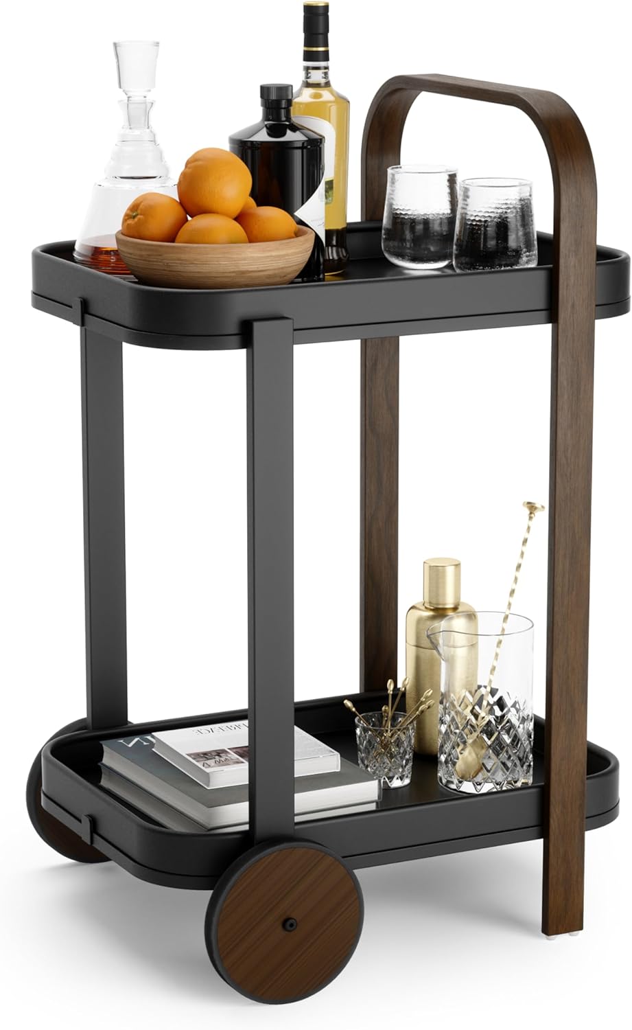 Umbra Bellwood Bar Cart, Rolling 2-Tier Storage Cart, Black/Walnut Walniut/Black