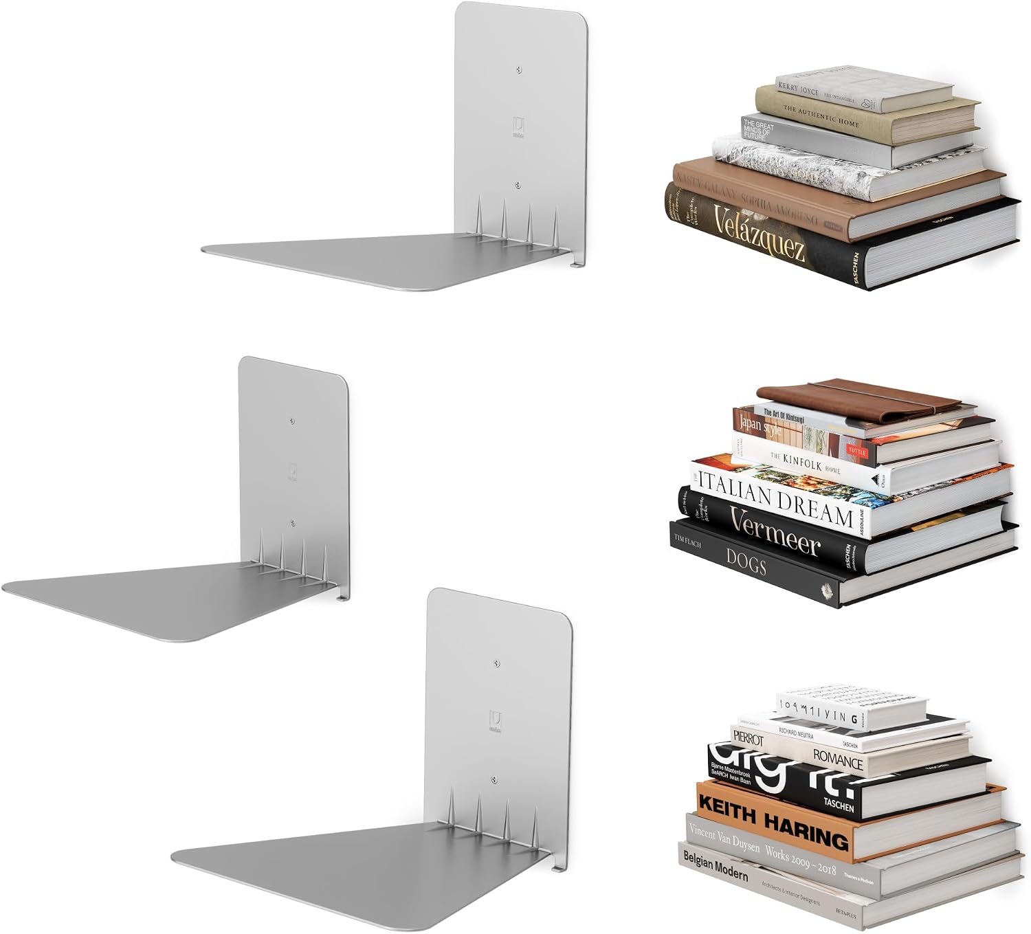 Umbra Conceal Floating Bookshelf, Metal Wall Shelf, Set of 3, Large, Silver