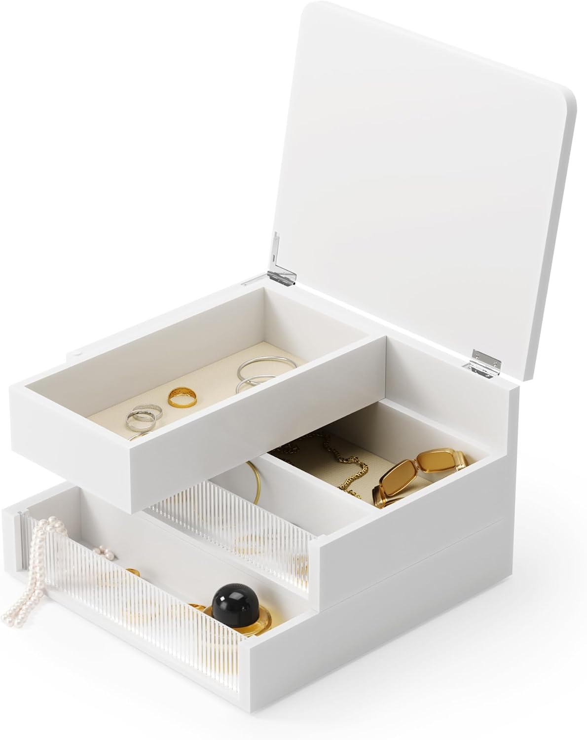Umbra Malibu Jewelry Box, 3-Tier Real Wood Storage Organizer, White