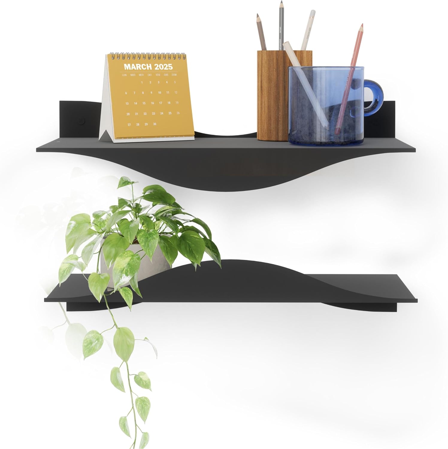 Umbra Surf Wall Shelves, Floating Metal for Wall Storage, Set of 2, Black