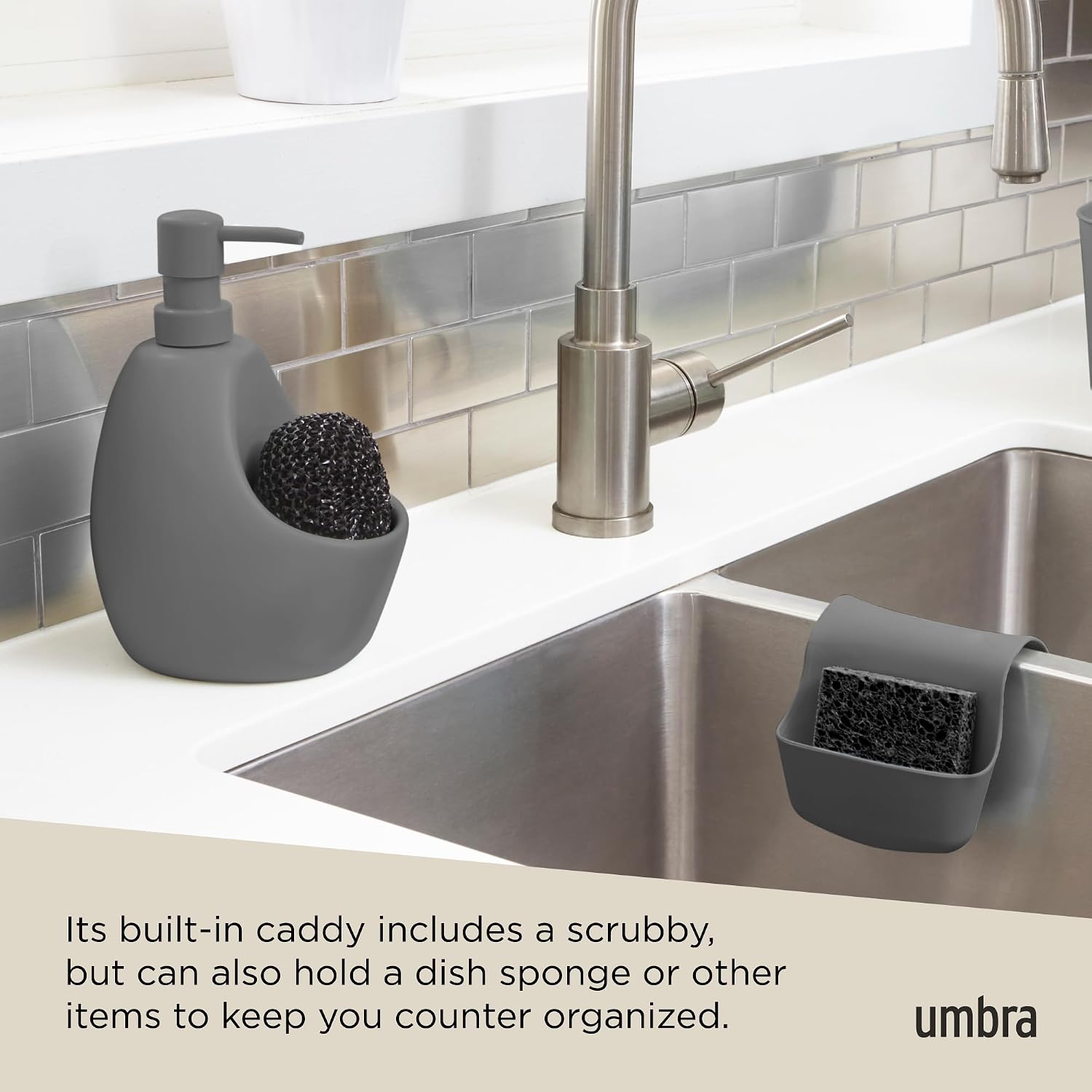 Umbra Joey Liquid Soap Dispenser, Ceramic with Sponge Caddy, Charcoal