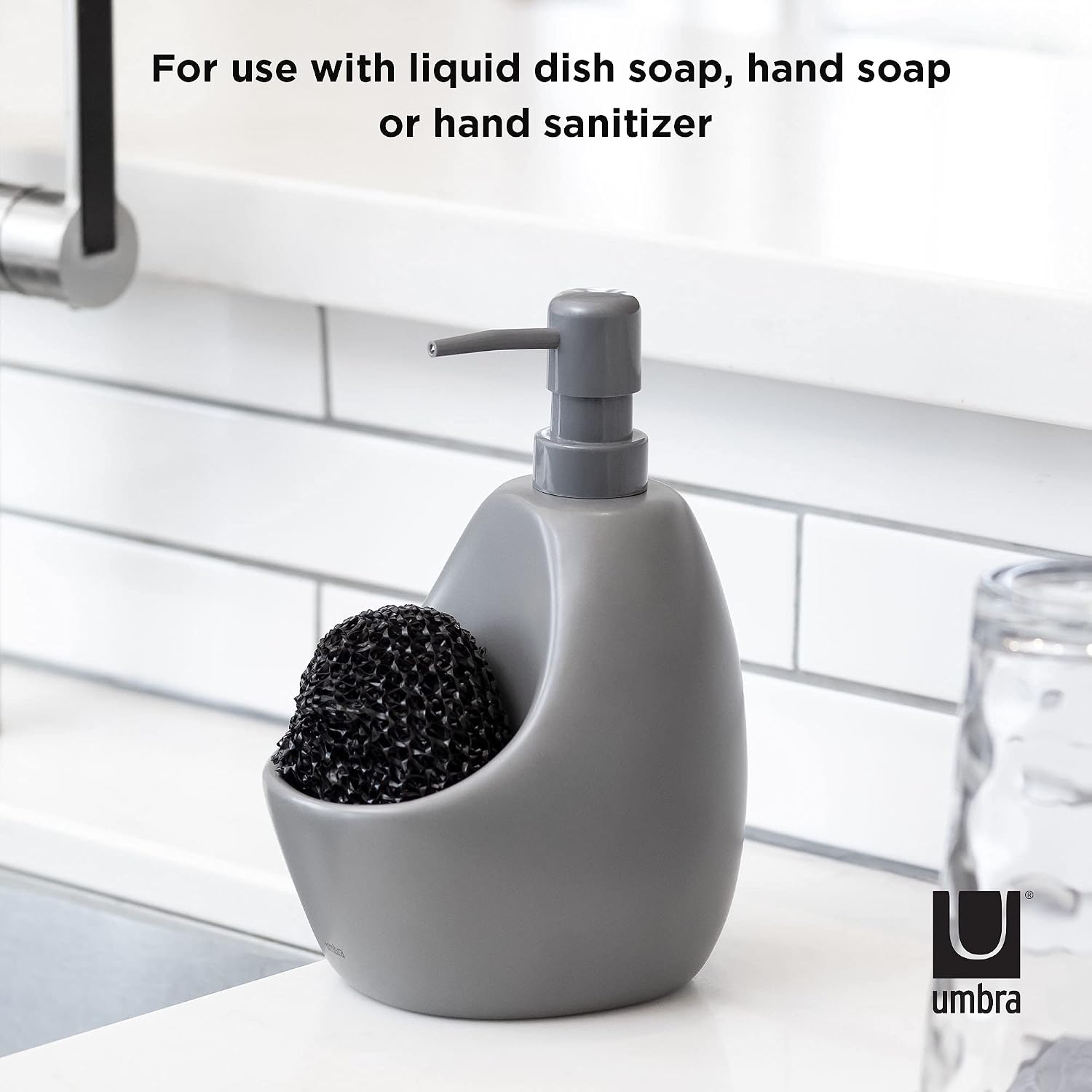Umbra Joey Liquid Soap Dispenser, Ceramic with Sponge Caddy, Charcoal