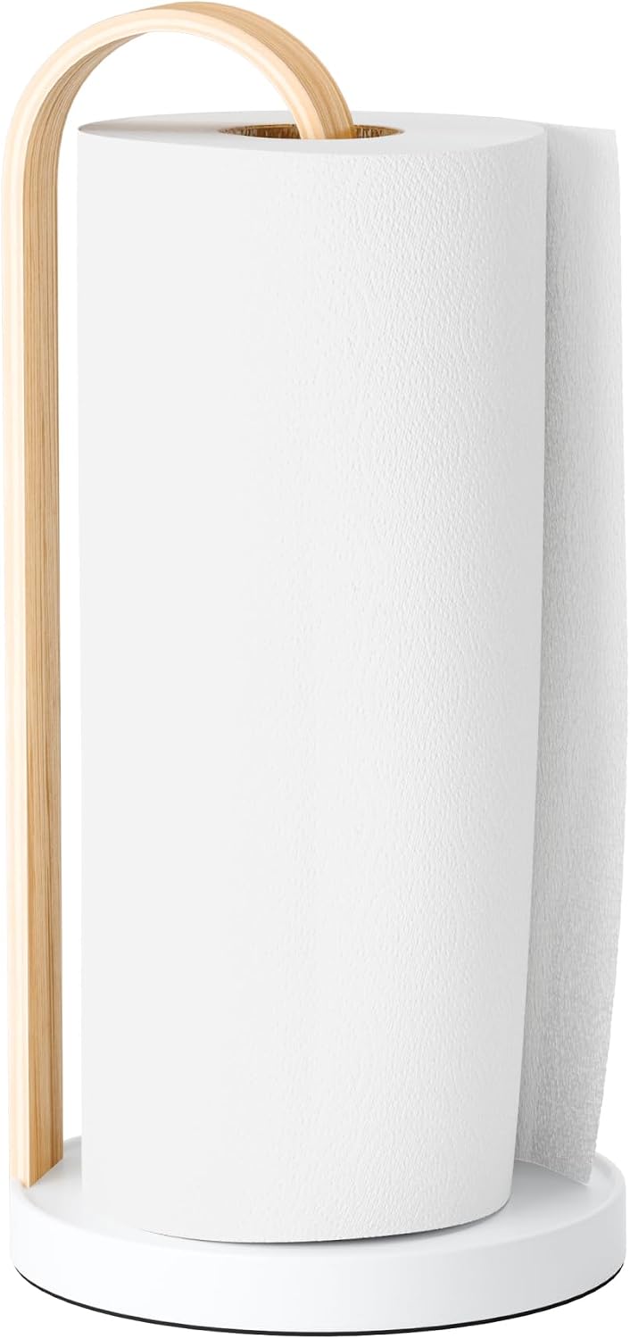 Umbra Bellwood Paper Towel Holder, Wooden with Weighted Base, White/Natural