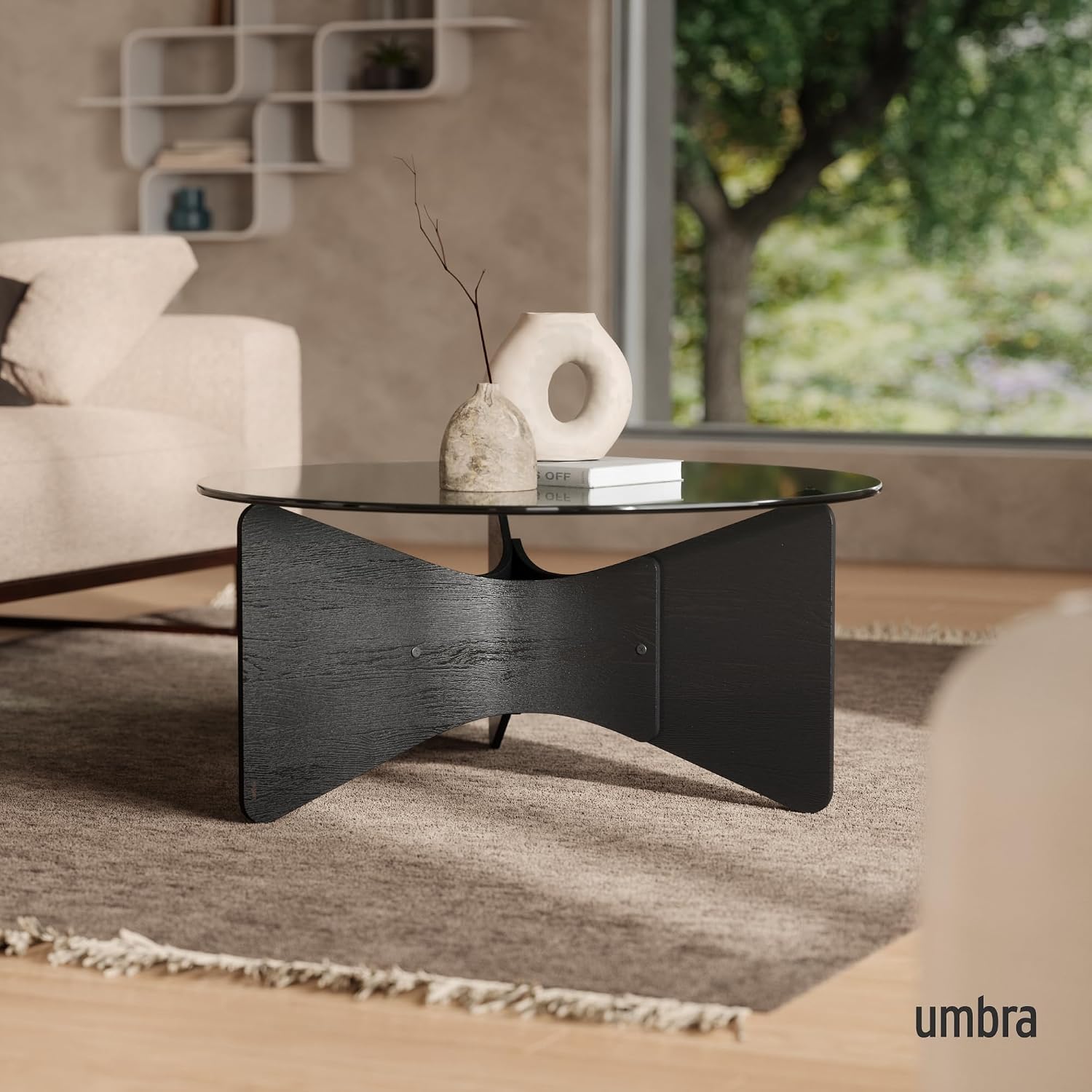 Umbra Madera Coffee Table, Round Wood Top Living Room, Black